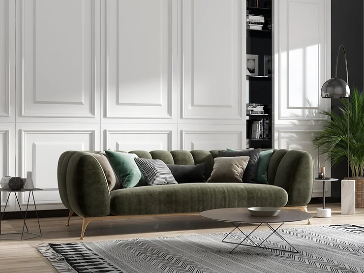 Fotografía de salón con tonalidades claras con un sofá a medida verde